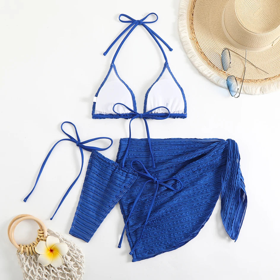 Sexy 3-Piece Bikini Set with Beach Cover-Up. Stylish, comfortable, and perfect for summer days.