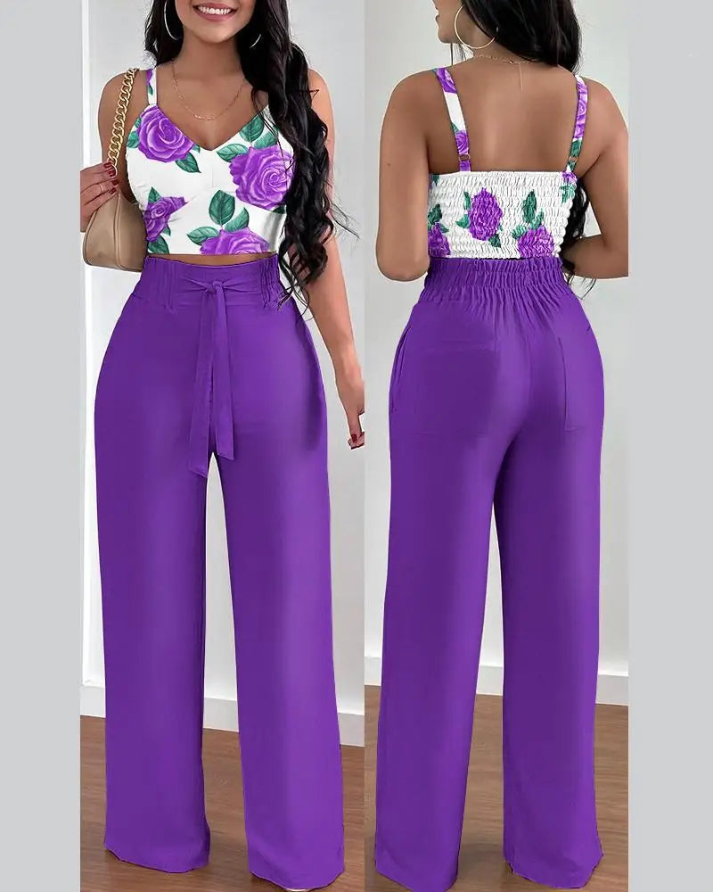 Elegant 2-piece set with a V-neck crop top and lace-up wide-leg pants — modern, flattering, and effortlessly chic.