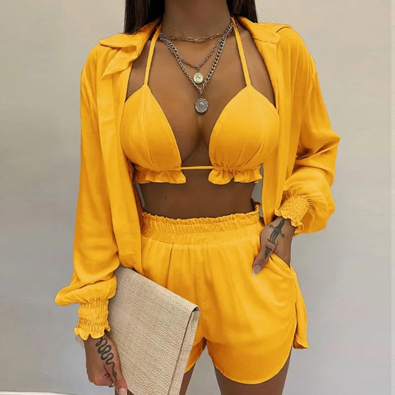 Conjunto Feminino 3 Peças Verão 2025 – Look Sexy, Confortável e Casual com Shorts Estilosos para Praia.