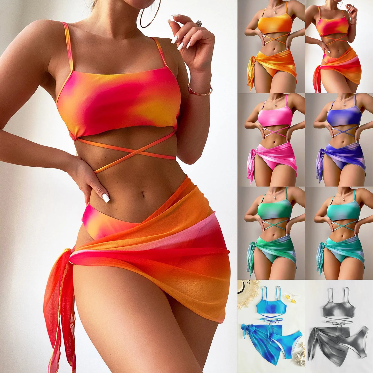 Stylish Tie-Dye 3-Piece Bikini Set with Mesh Skirt. Perfect for summer!