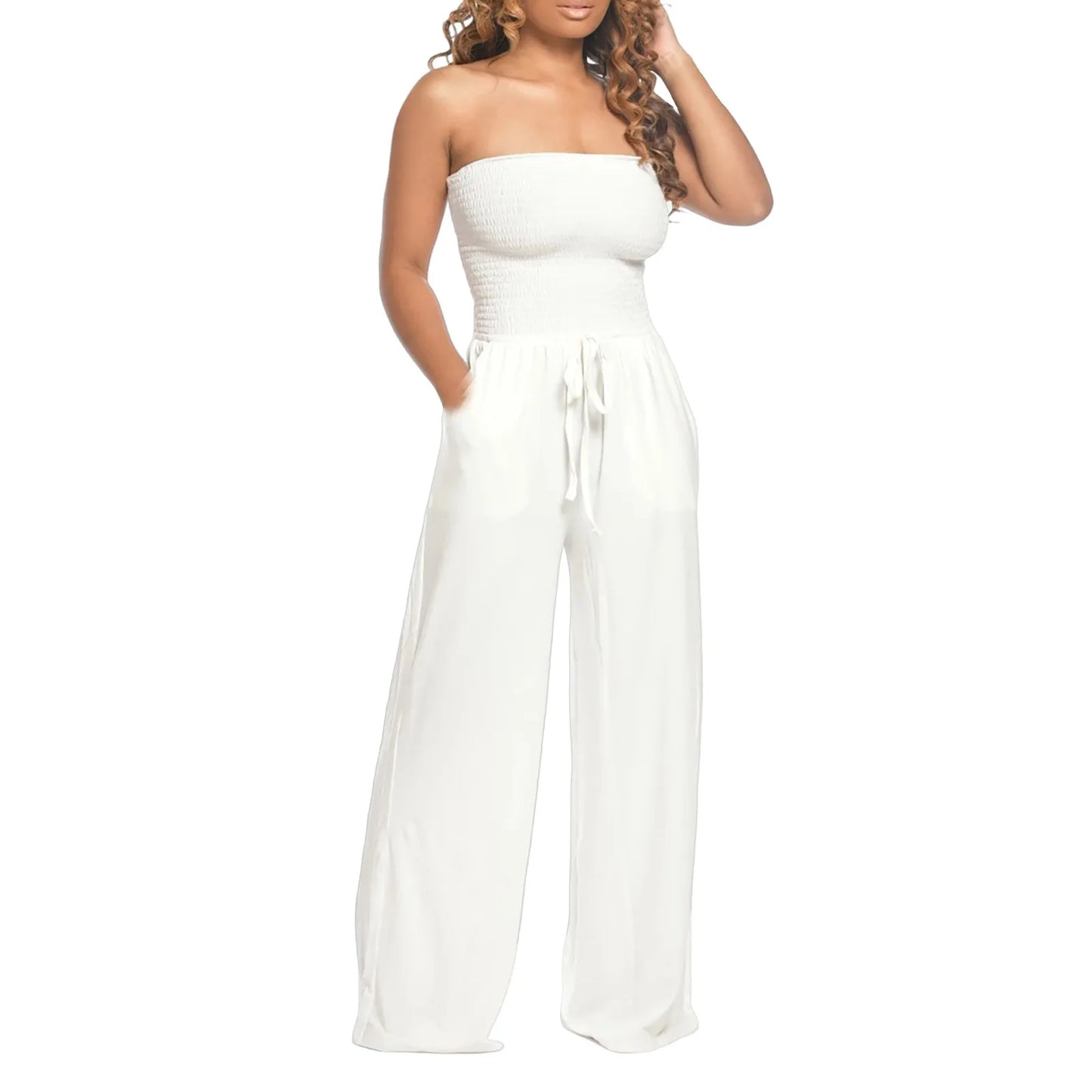 Strapless jumpsuit with ruched detail and lace-up design. Wide-leg, stylish, and perfect for a bold look.