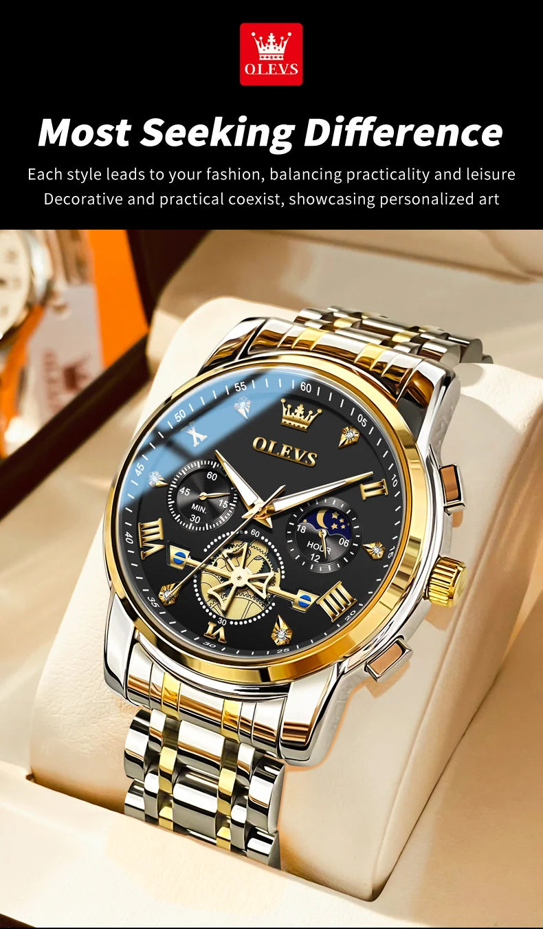 OLEVS 2856 Original Quartz Dress Watch For Men Moon Phase Stainless Steel Business Wristwatch Waterproof Luminous Man Watches