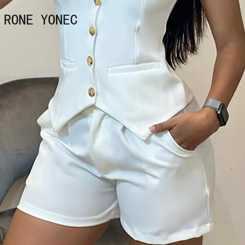 2024 Women Buttoned V-Neck Vest Top & Shorts Set Blazer Women Suits