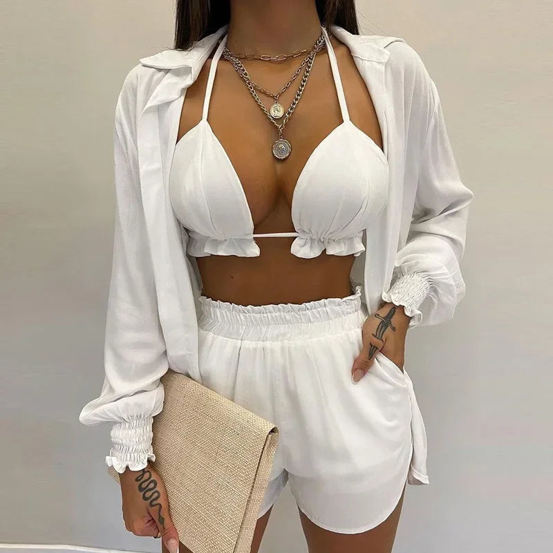 Conjunto Feminino 3 Peças Verão 2025 – Look Sexy, Confortável e Casual com Shorts Estilosos para Praia.