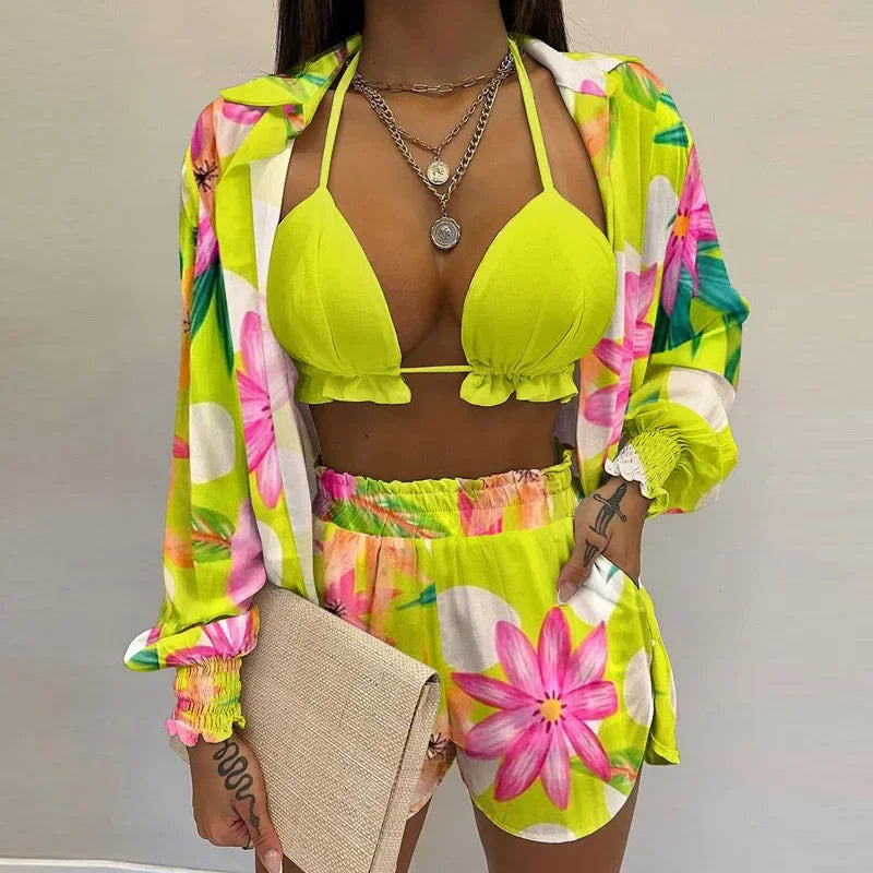 Conjunto Feminino 3 Peças Verão 2025 – Look Sexy, Confortável e Casual com Shorts Estilosos para Praia.