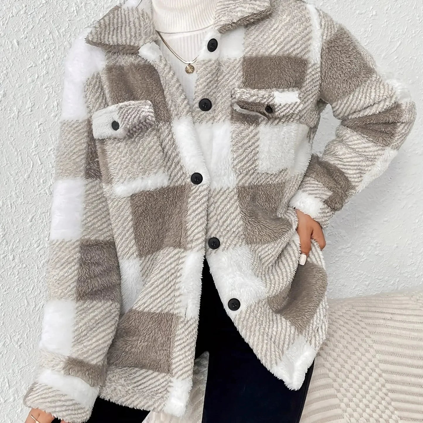 Winter jacket with high elasticity, long plush fabric, and a comfortable, modern design.