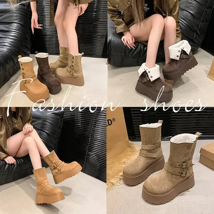 Women’s Winter Boots – Thick sole, ultra high heel, fleece-lined, mid-calf, round toe.