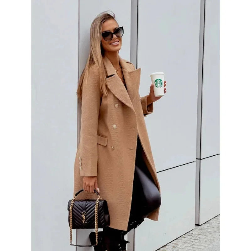 Women’s Double-Breasted Wool Coat – Midi length, V-neck, elegant and fashionable.