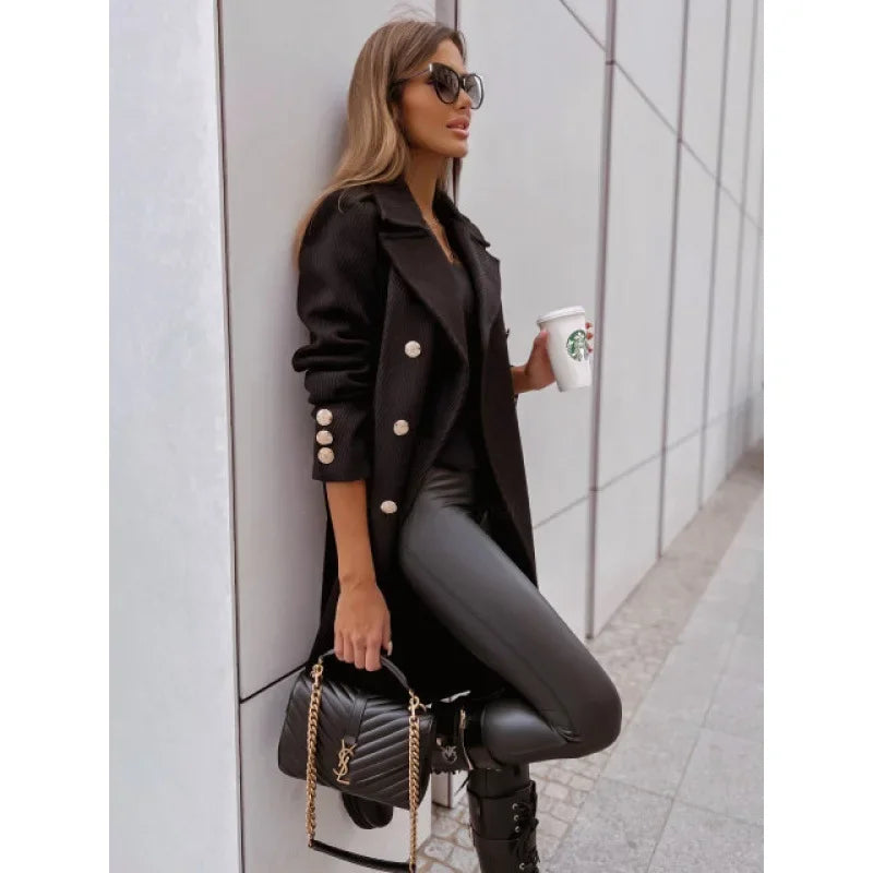 Women’s Double-Breasted Wool Coat – Midi length, V-neck, elegant and fashionable.