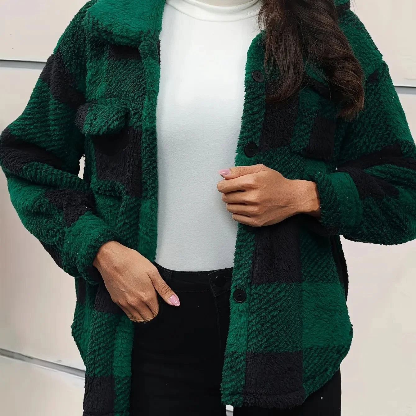 Winter jacket with high elasticity, long plush fabric, and a comfortable, modern design.
