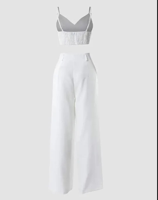 CM.YAYA Fashion Women's Set Spaghetti Strap V-neck Crop Top and Wide Leg Pants 2024 Party Two 2 Piece Sets Outfits Tracksuit