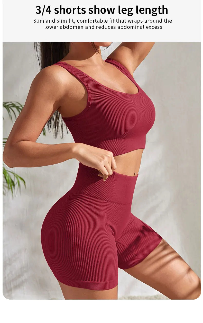 2-piece women's workout set – ribbed crop top and high-waist shorts.