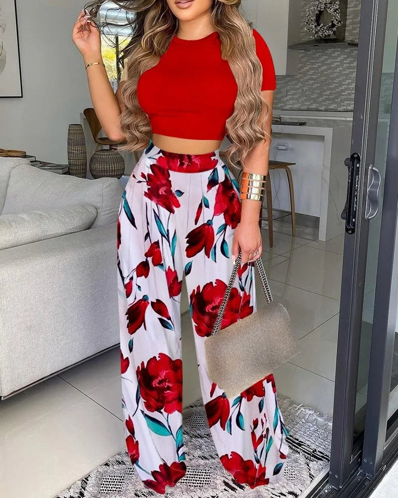 New Women's Sexy Ultra Short Top Set Summer Fashion Printed Corset Waist Long Pants Slim Elegant Female Casual Pants 2 Piece Set