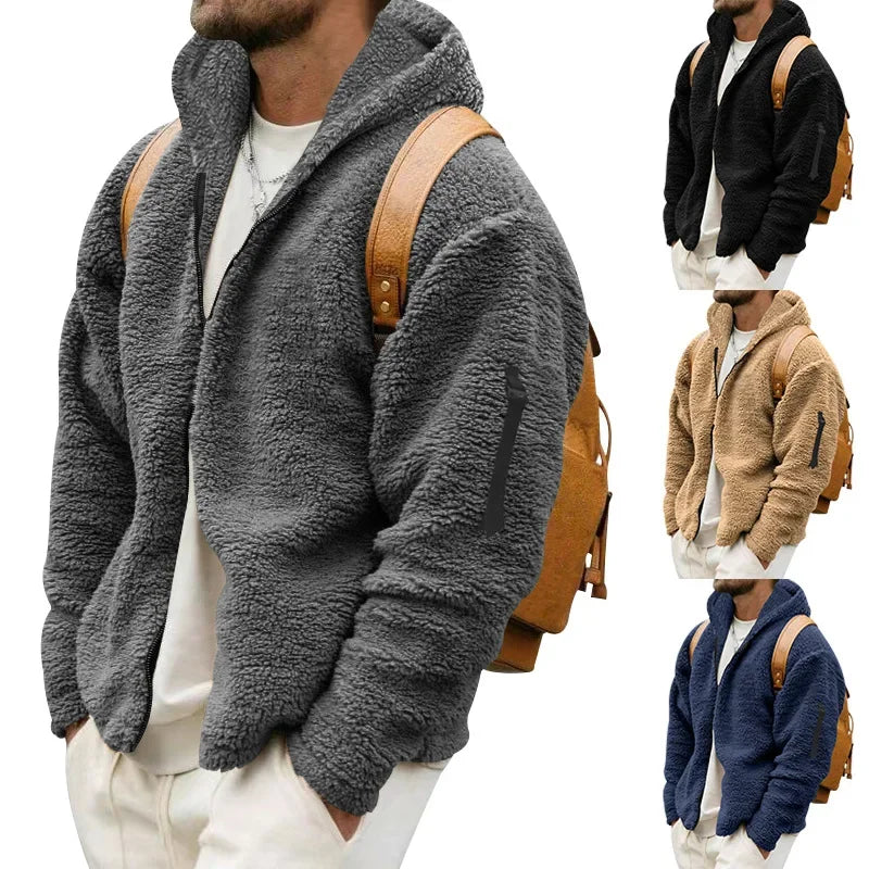 Men’s Fleece Jacket – Hooded, warm, loose fit, casual winter style.