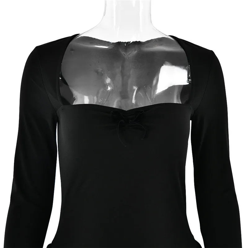 Mozision Long Sleeve A-line Sexy Mini Dress For Women Robe Autumn Fall Bow Square Collar Pleated Dress Elegant Dresses