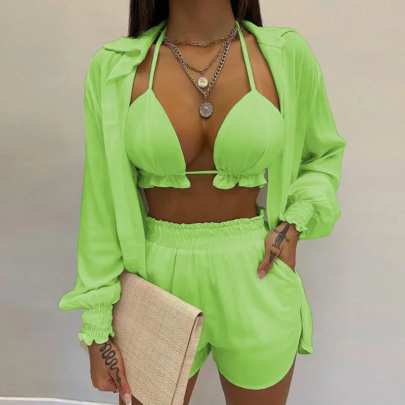 Conjunto Feminino 3 Peças Verão 2025 – Look Sexy, Confortável e Casual com Shorts Estilosos para Praia.