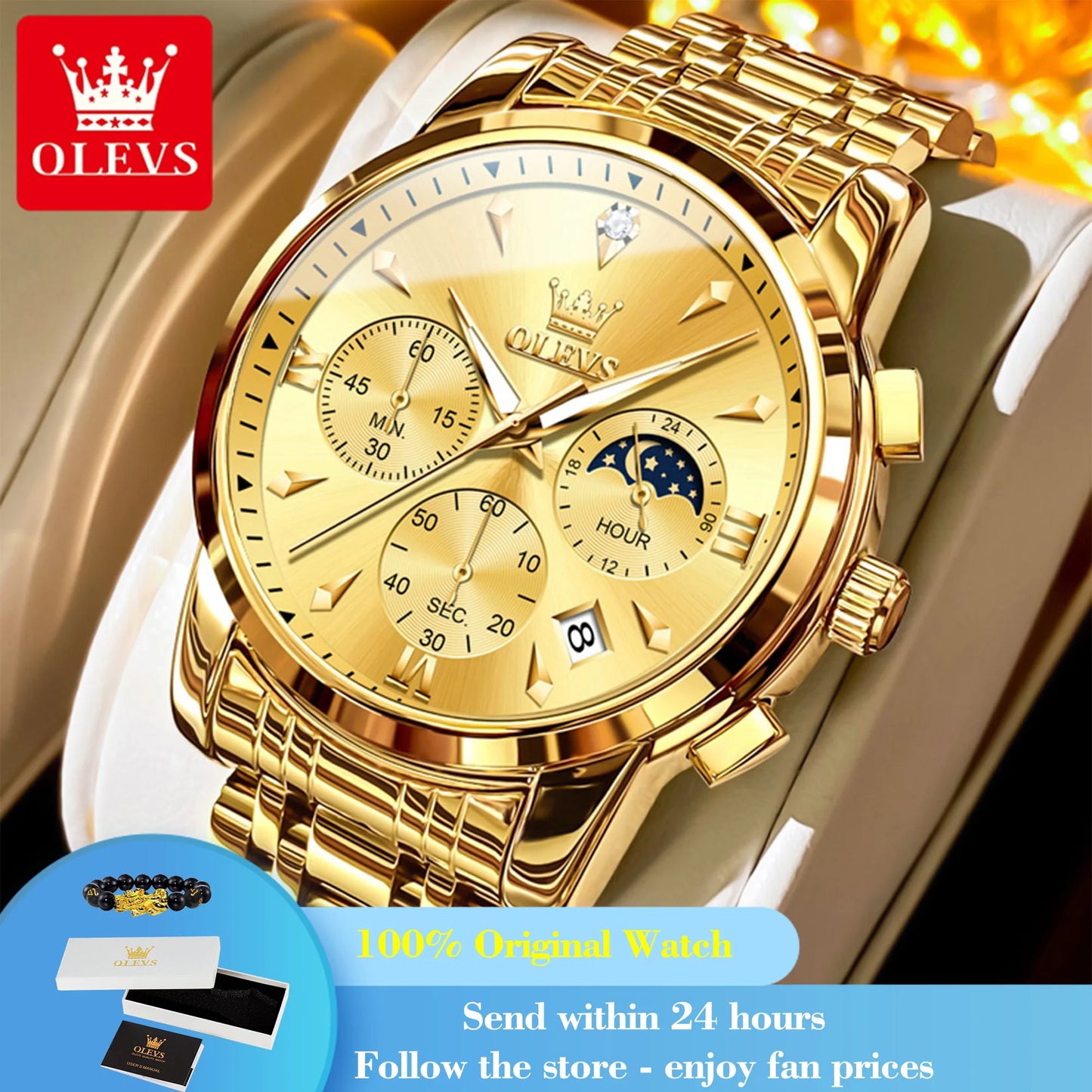 OLEVS 3639 Moon Phase Quartz Watch For Men Fashion Chronograph Luxury Wristwatch Waterproof Luminous Date Business Man Watches