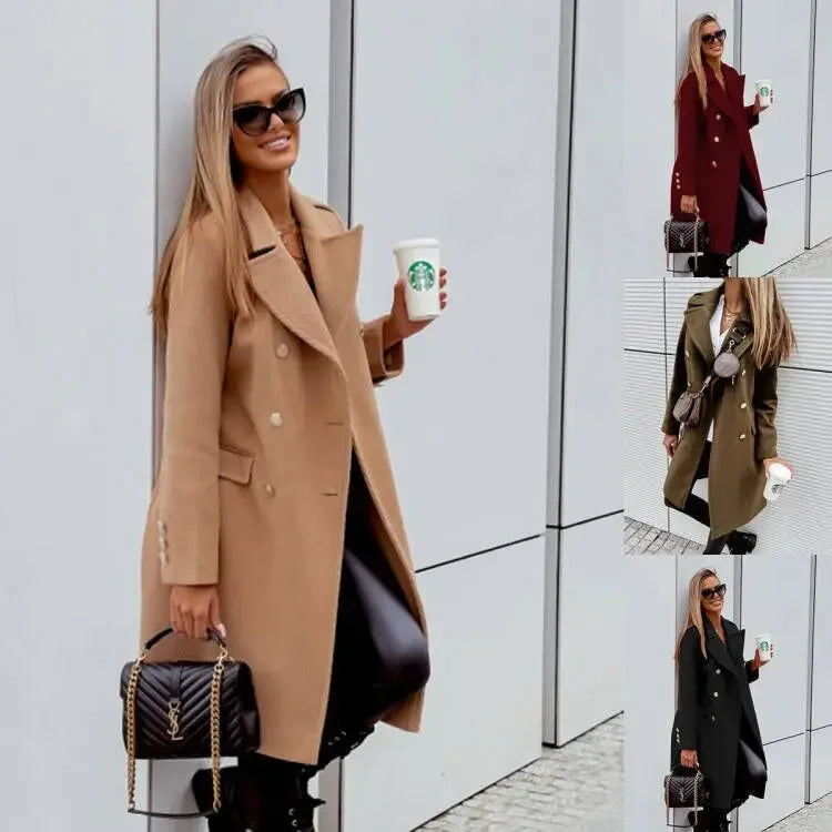 Women’s Double-Breasted Wool Coat – Midi length, V-neck, elegant and fashionable.