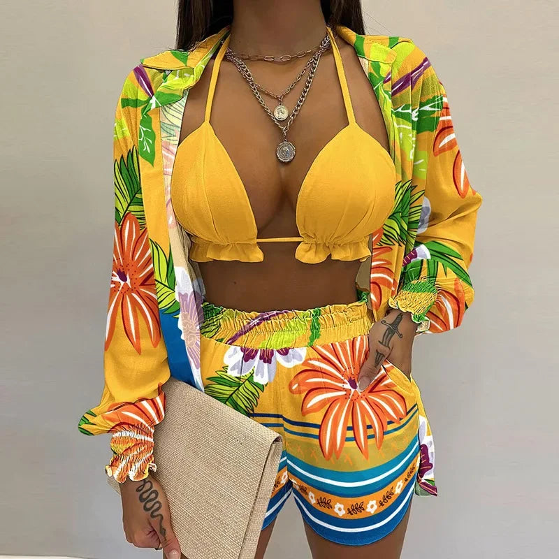 Conjunto Feminino 3 Peças Verão 2025 – Look Sexy, Confortável e Casual com Shorts Estilosos para Praia.