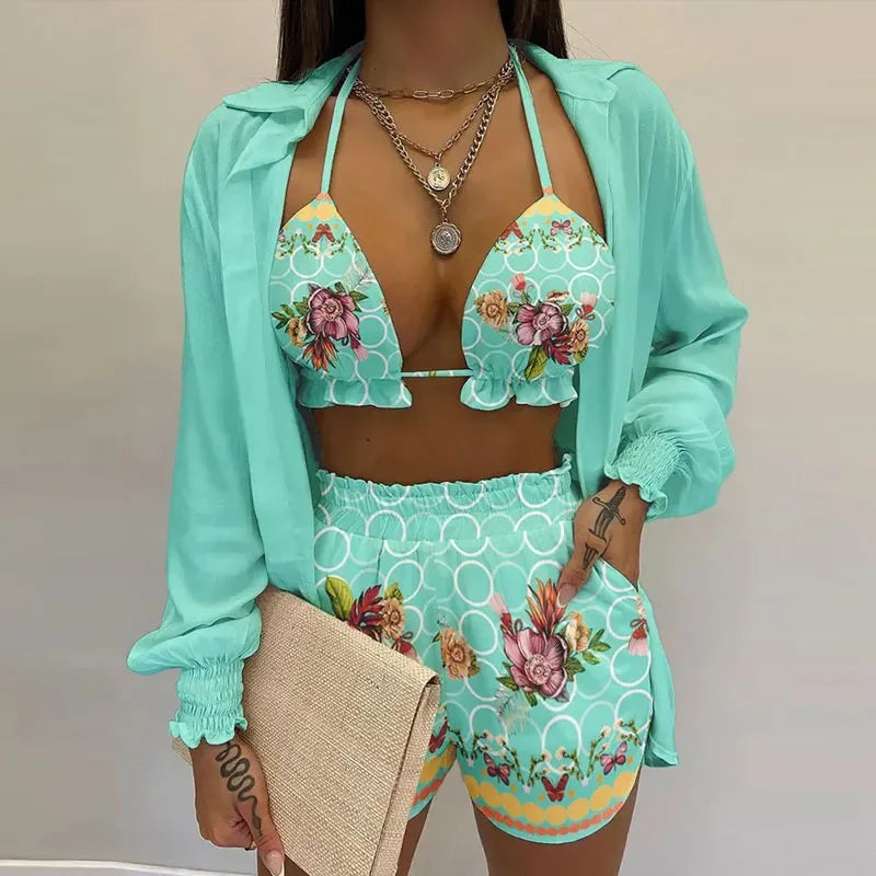 Conjunto Feminino 3 Peças Verão 2025 – Look Sexy, Confortável e Casual com Shorts Estilosos para Praia.