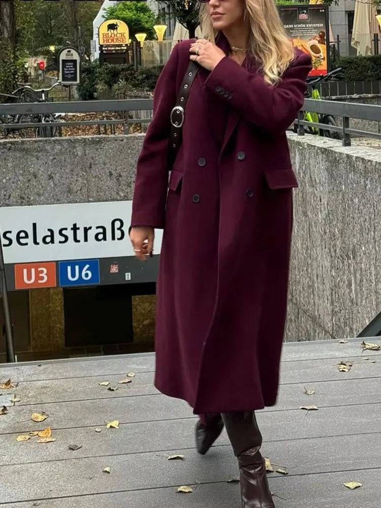 Burgundy Wool Blend Double-Breasted Coat – Autumn & Winter