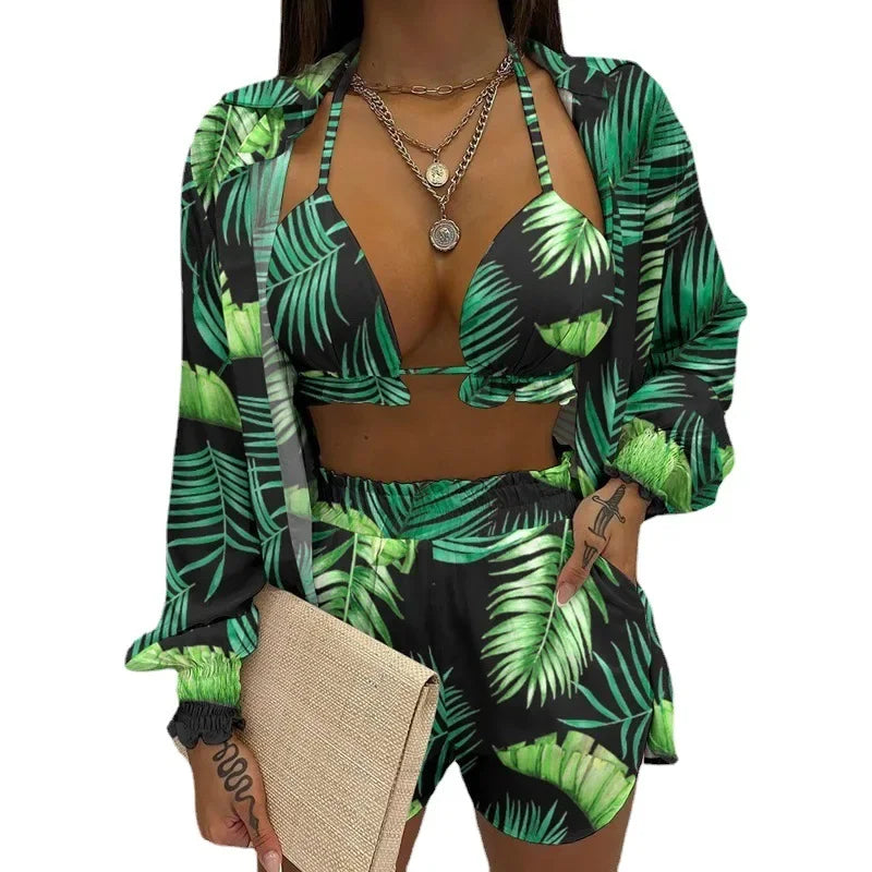 Conjunto Feminino 3 Peças Verão 2025 – Look Sexy, Confortável e Casual com Shorts Estilosos para Praia.