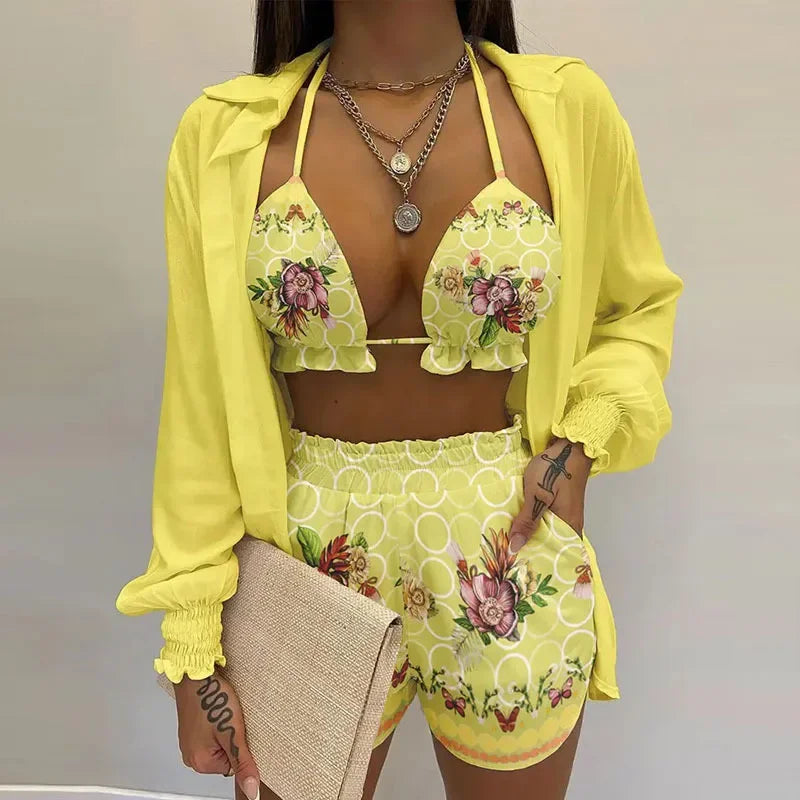 Conjunto Feminino 3 Peças Verão 2025 – Look Sexy, Confortável e Casual com Shorts Estilosos para Praia.