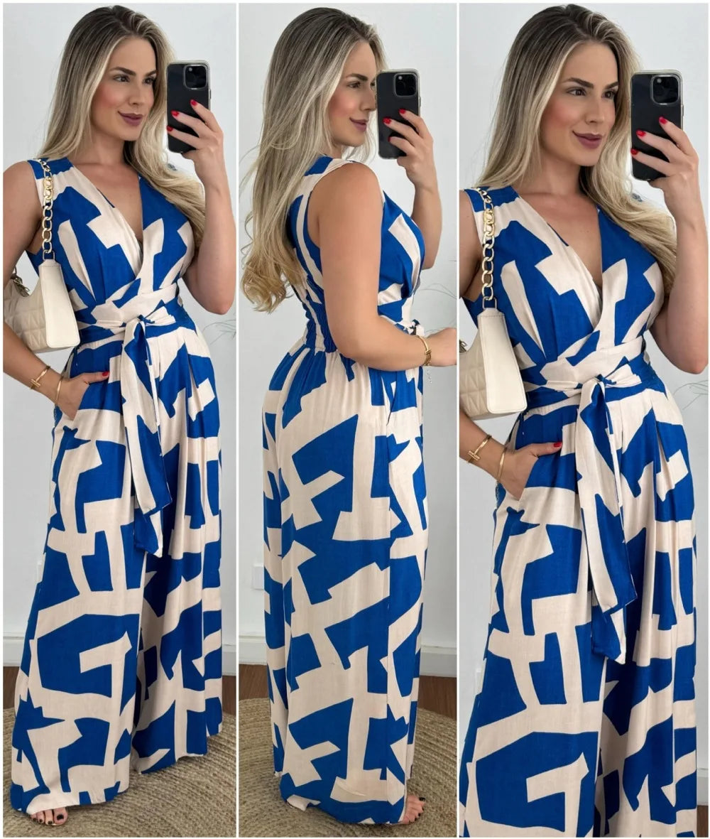 Women's fashionable and minimalist style women's deep V-waist tied jumpsuit -88209 sleeveless mid waist straight leg pants 2024