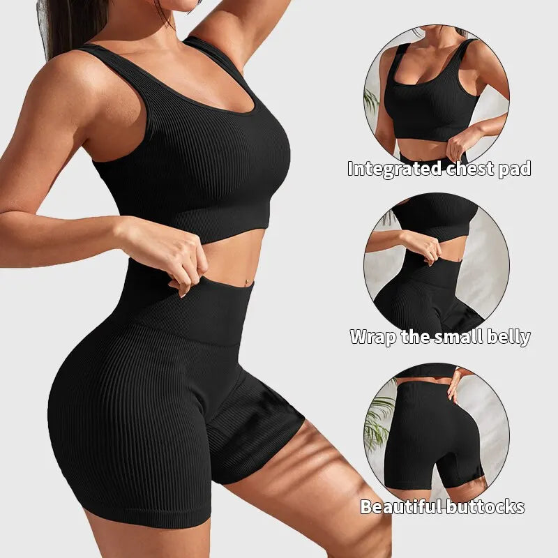 2-piece women's workout set – ribbed crop top and high-waist shorts.
