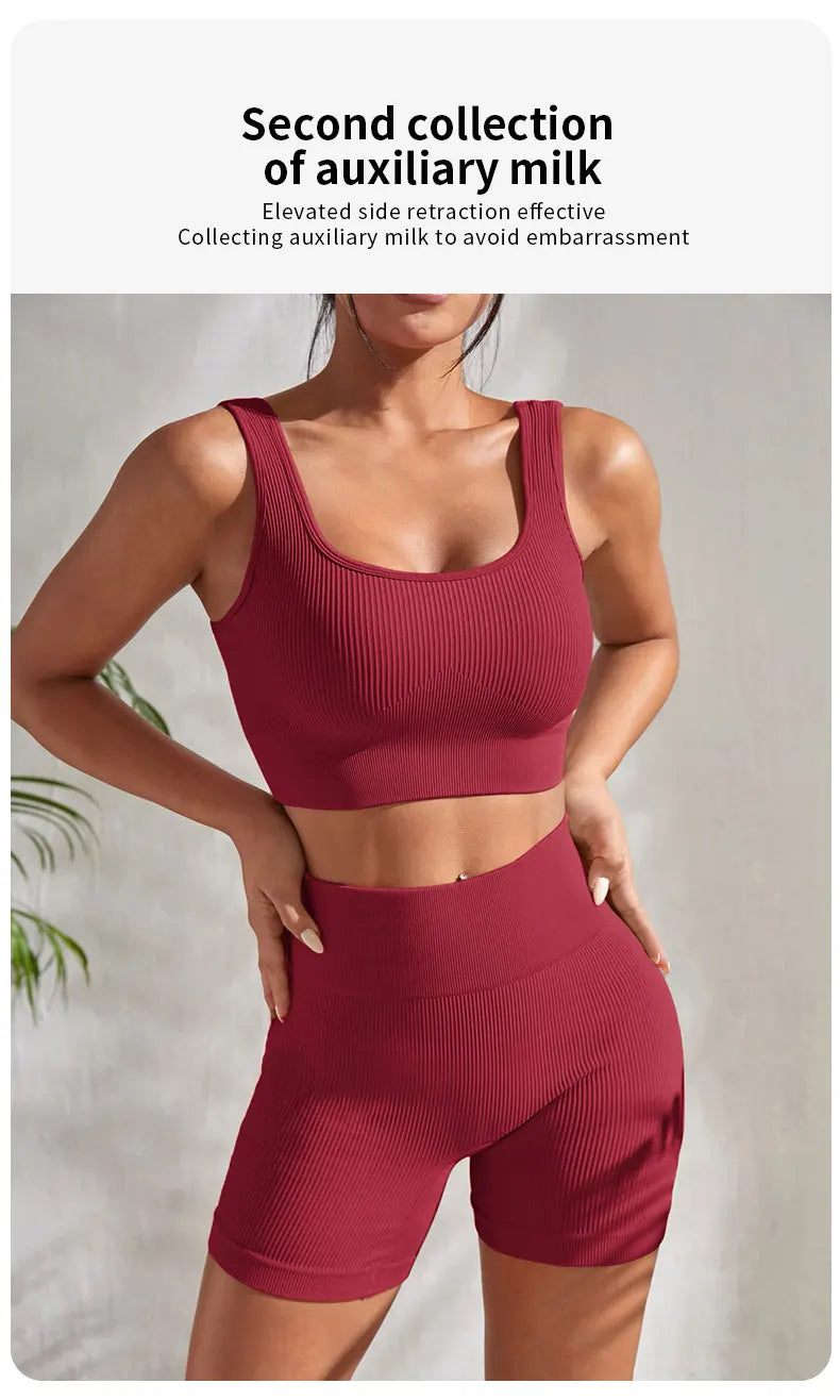 2-piece women's workout set – ribbed crop top and high-waist shorts.