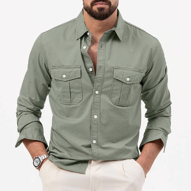 Camisa masculina multibolso cor sólida casual manga comprida top