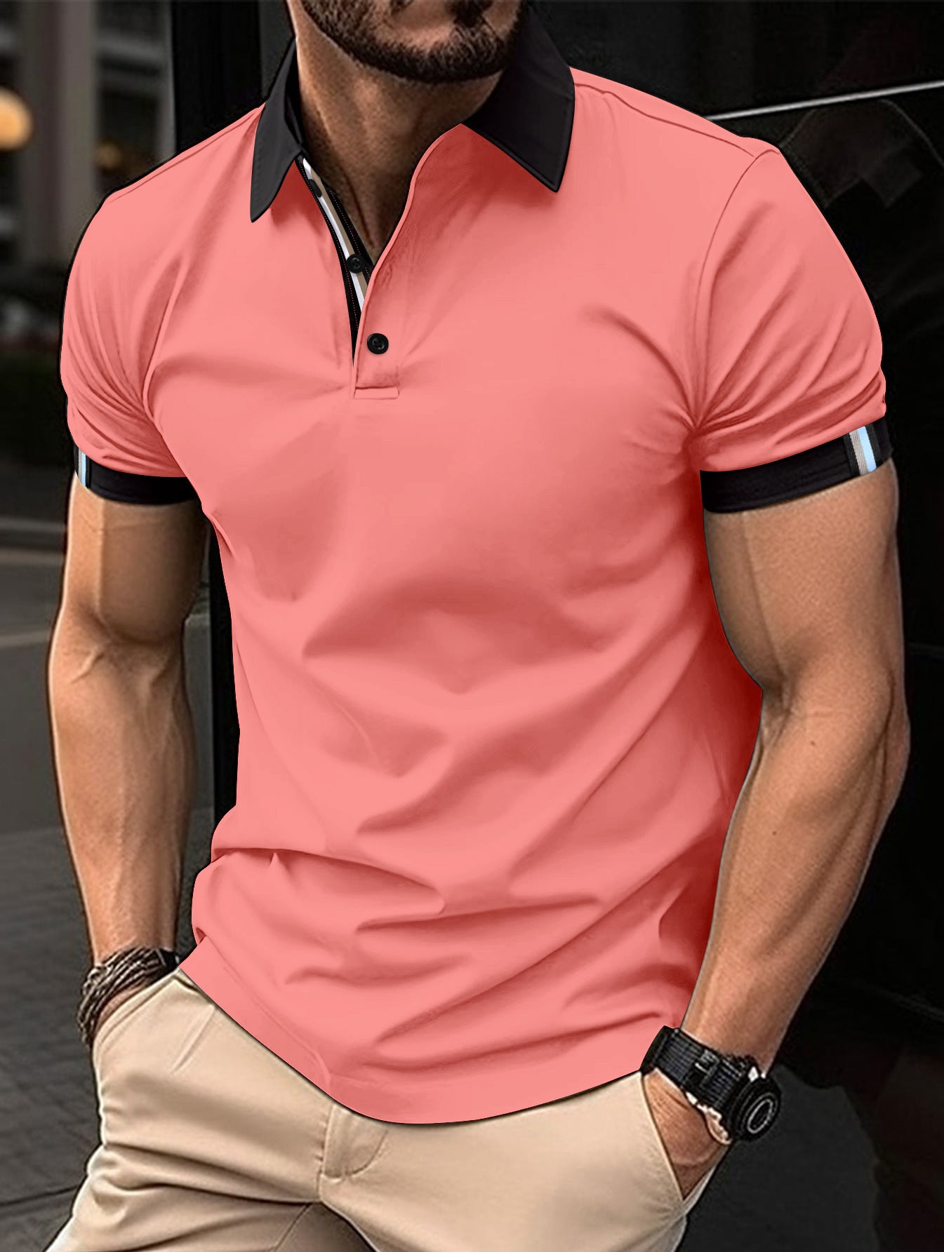 Botão casual masculino cor sólida manga curta
