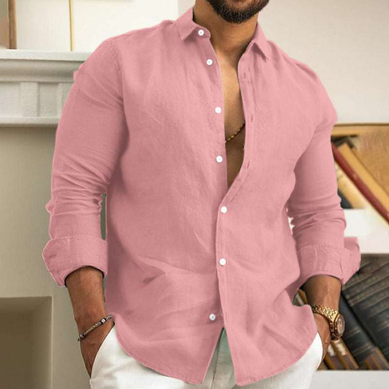 Amazon Camisa de Linho Masculina Botão Camisa Verão Praia Cor Sólida