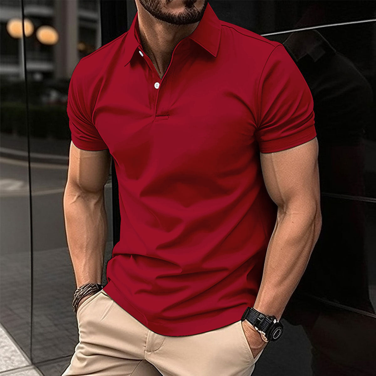 Camisa polo de manga curta de verão masculina cor sólida botão lapela botão top