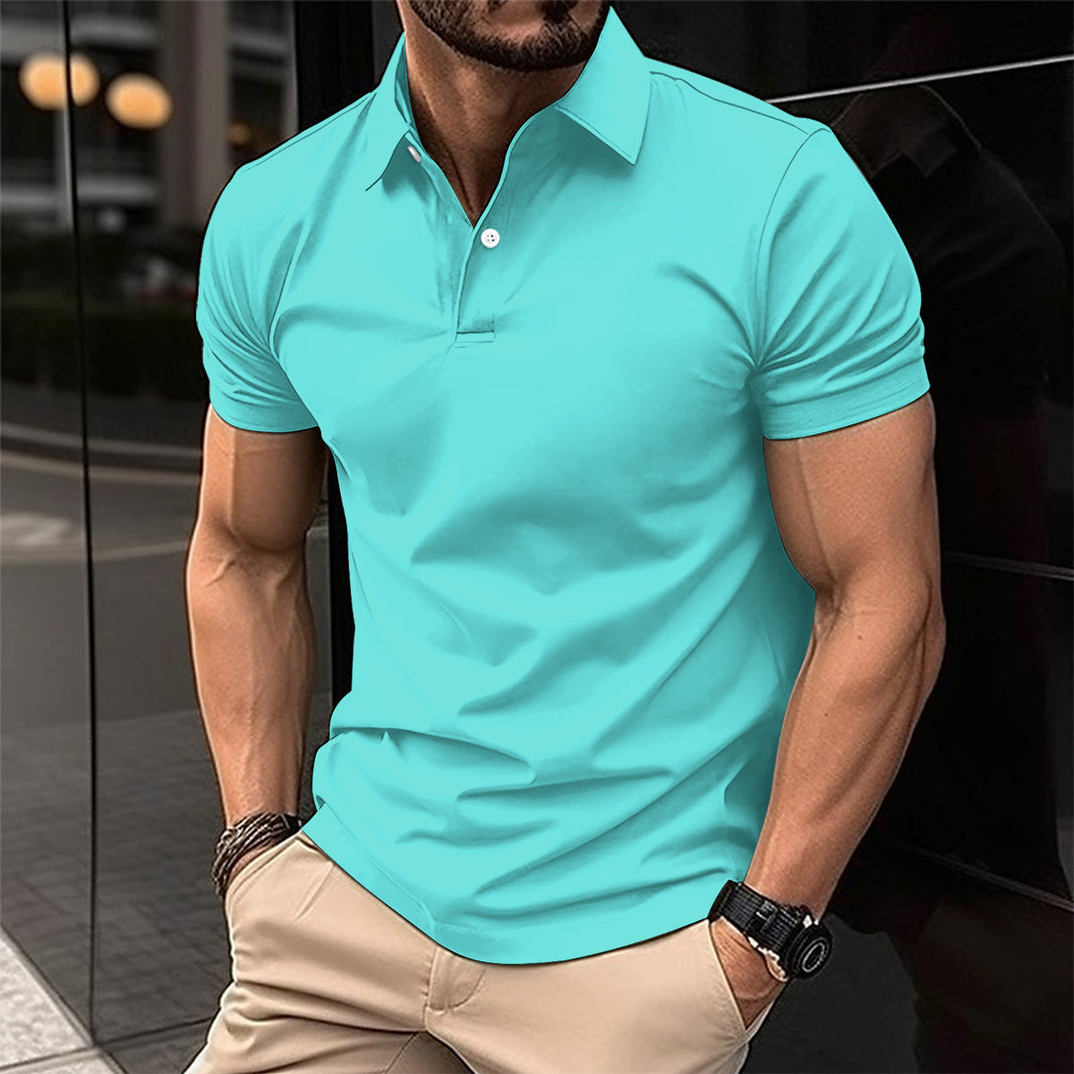 Camisa polo de manga curta de verão masculina cor sólida botão lapela botão top
