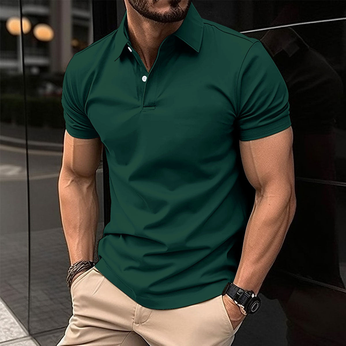 Camisa polo de manga curta de verão masculina cor sólida botão lapela botão top