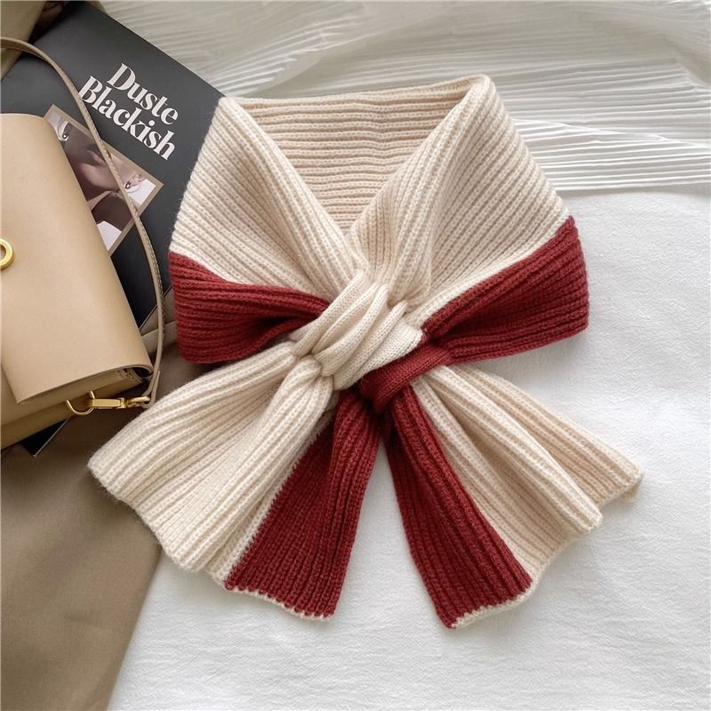 Cachecol de malha com blocos de cores doces para mulheres, cachecol de moda versátil e quente para meninas, outono e inverno