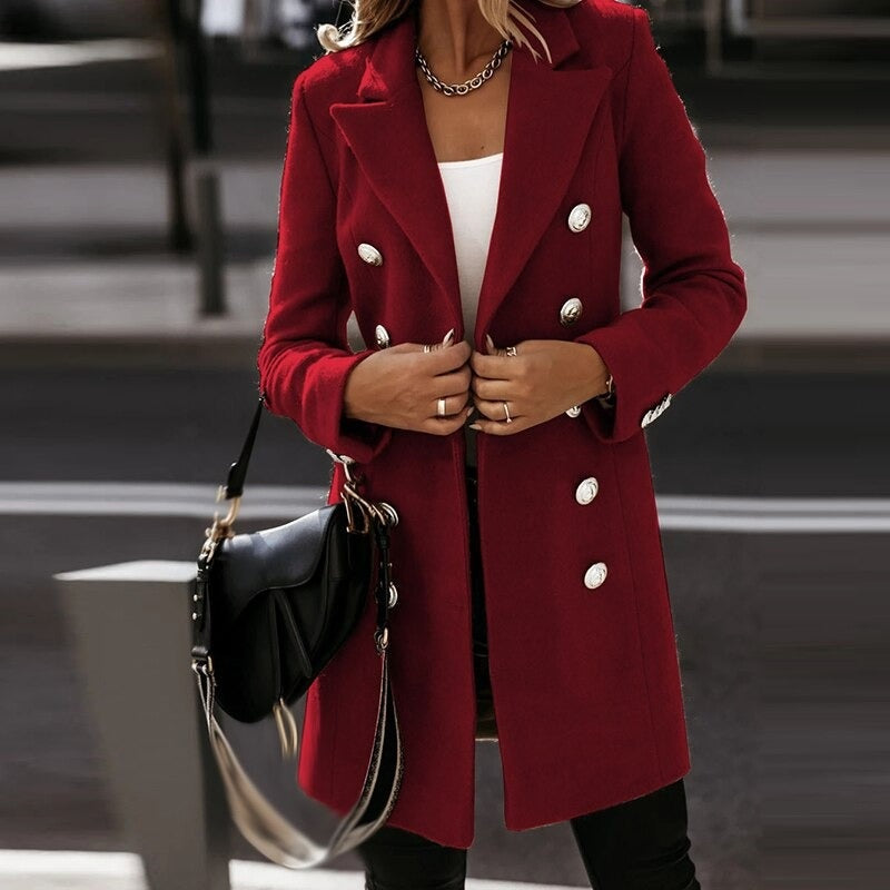 Moda Turndown Collar Jacket Para Mulheres Outono Inverno Manga Comprida Trespassado Casaco De Lã