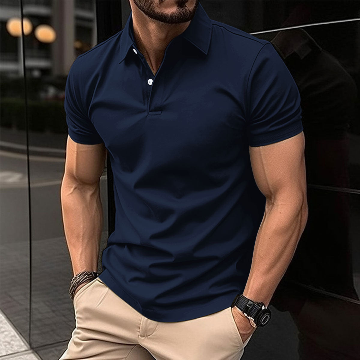 Camisa polo de manga curta de verão masculina cor sólida botão lapela botão top