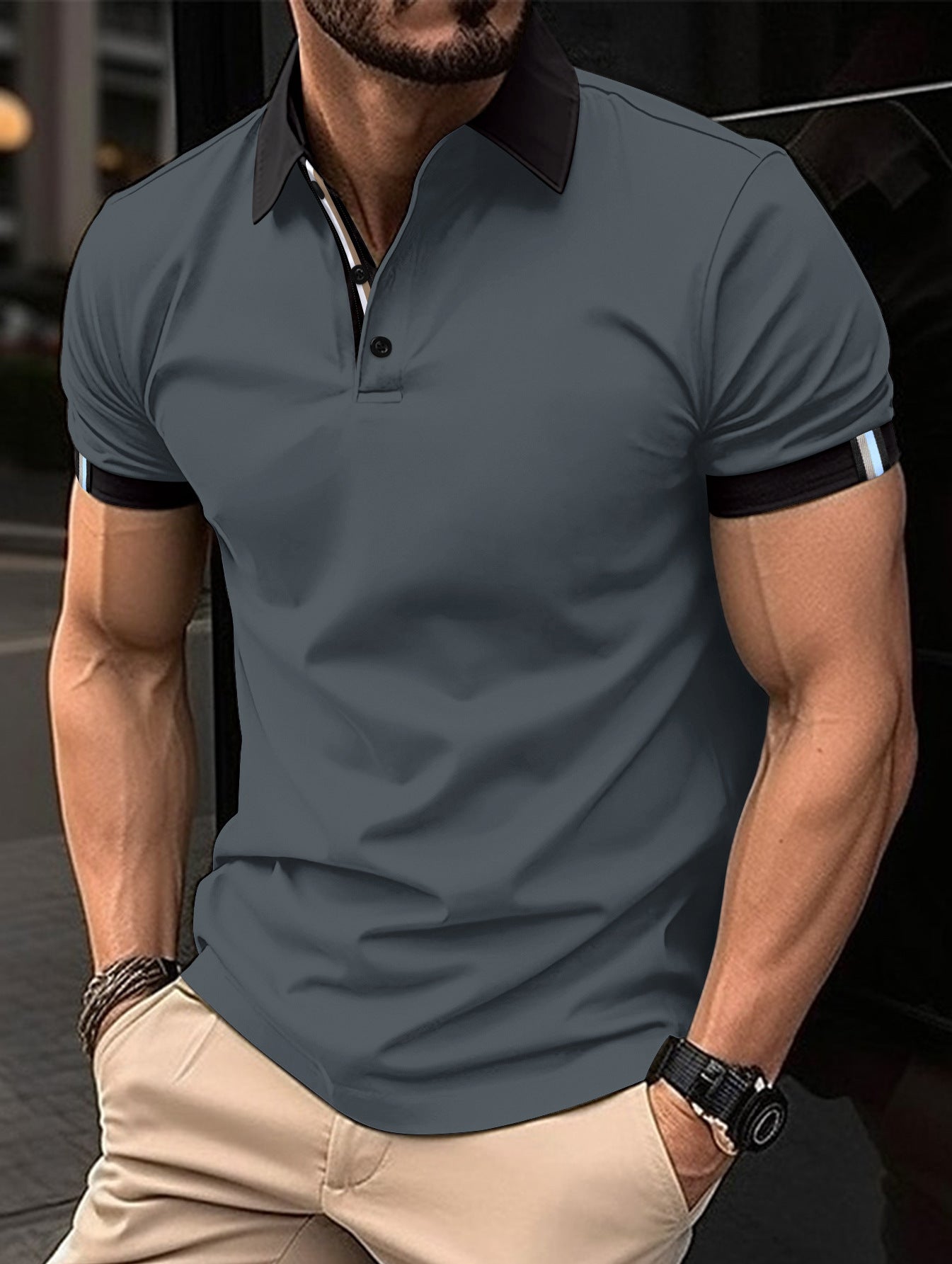 Botão casual masculino cor sólida manga curta