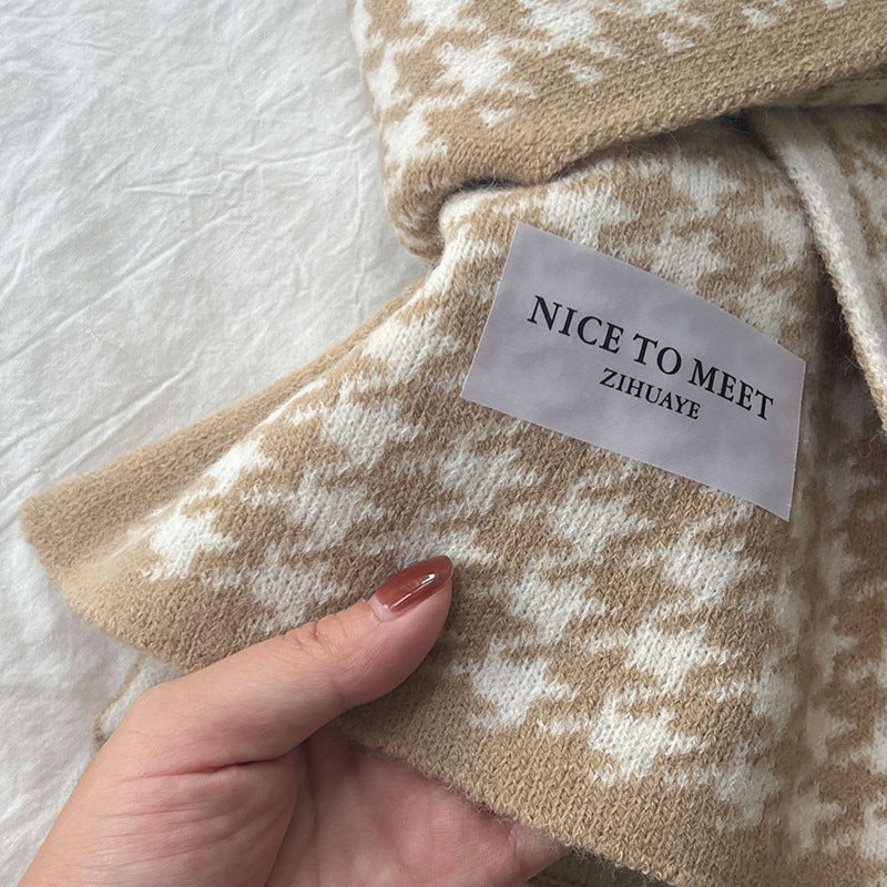 Cachecol estampado com padrão pied-de-poule e ondas, estilo coreano, moda feminina, versátil, de malha, dupla face, quente, de lã