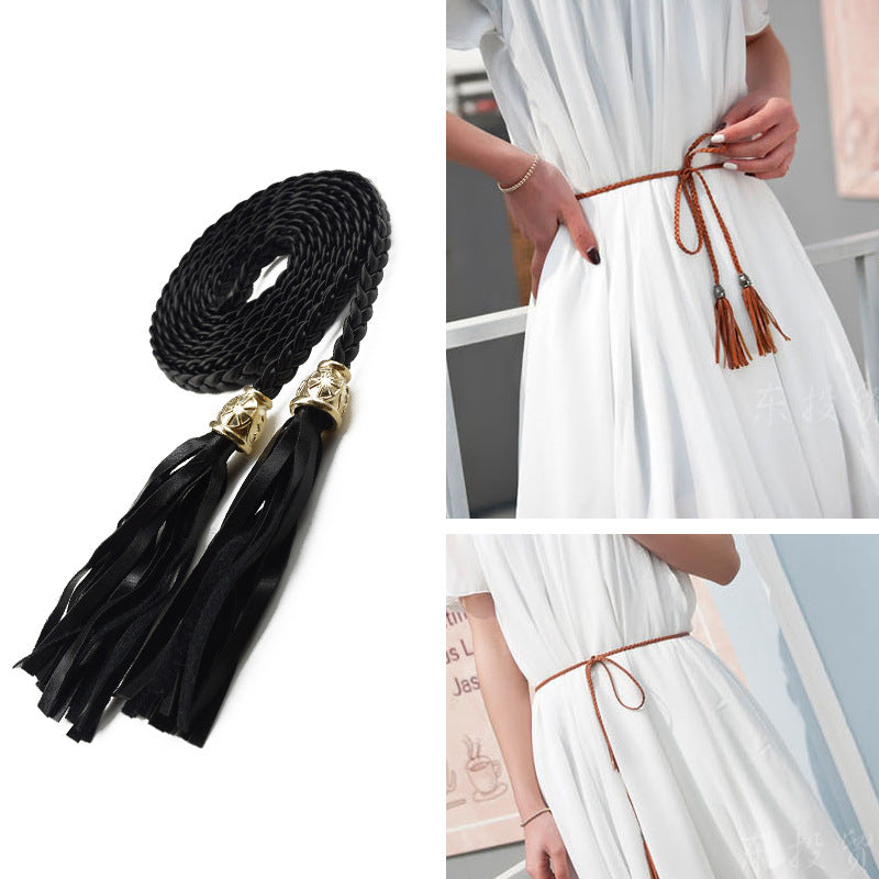 Cinto feminino trançado com borla decorativa na cintura