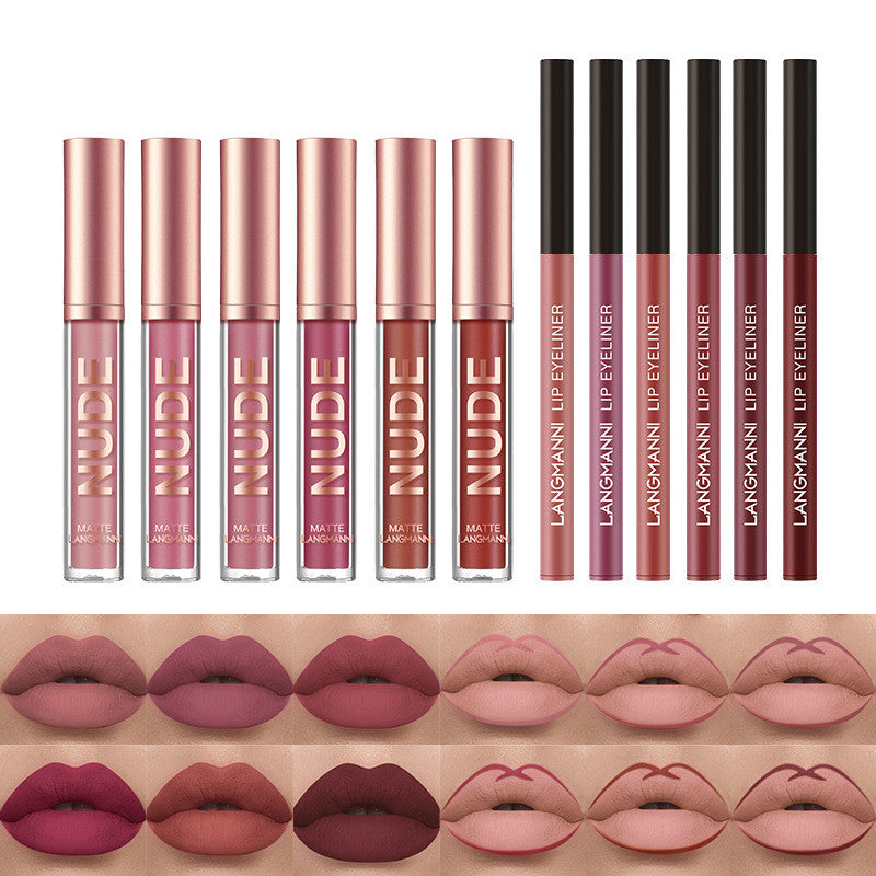 Delineador de lábios e batom, conjunto de 12 peças, 6 batons matte, 6 canetas delineadoras de lábios, à prova d'água, batom matte de longa duração, cosméticos de beleza, maquiagem, presente para meninas, conjunto de batons