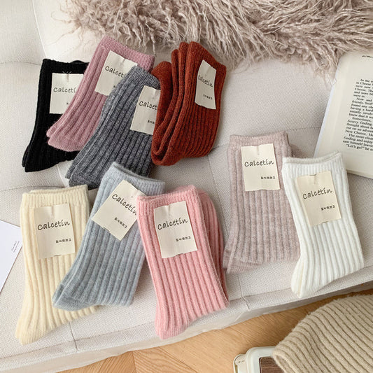 Calcetines de lana gruesa de color liso y tubo mediano para mujer