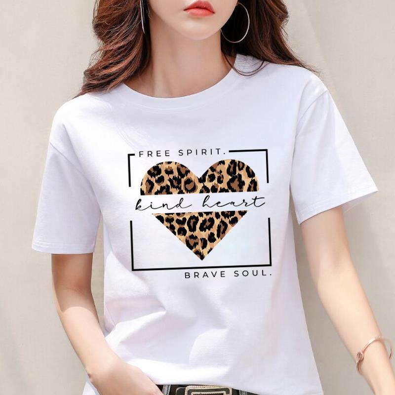 Tecido Modal Feminino Estampa de Leopardo Estampa de Coração Nova Manga Curta