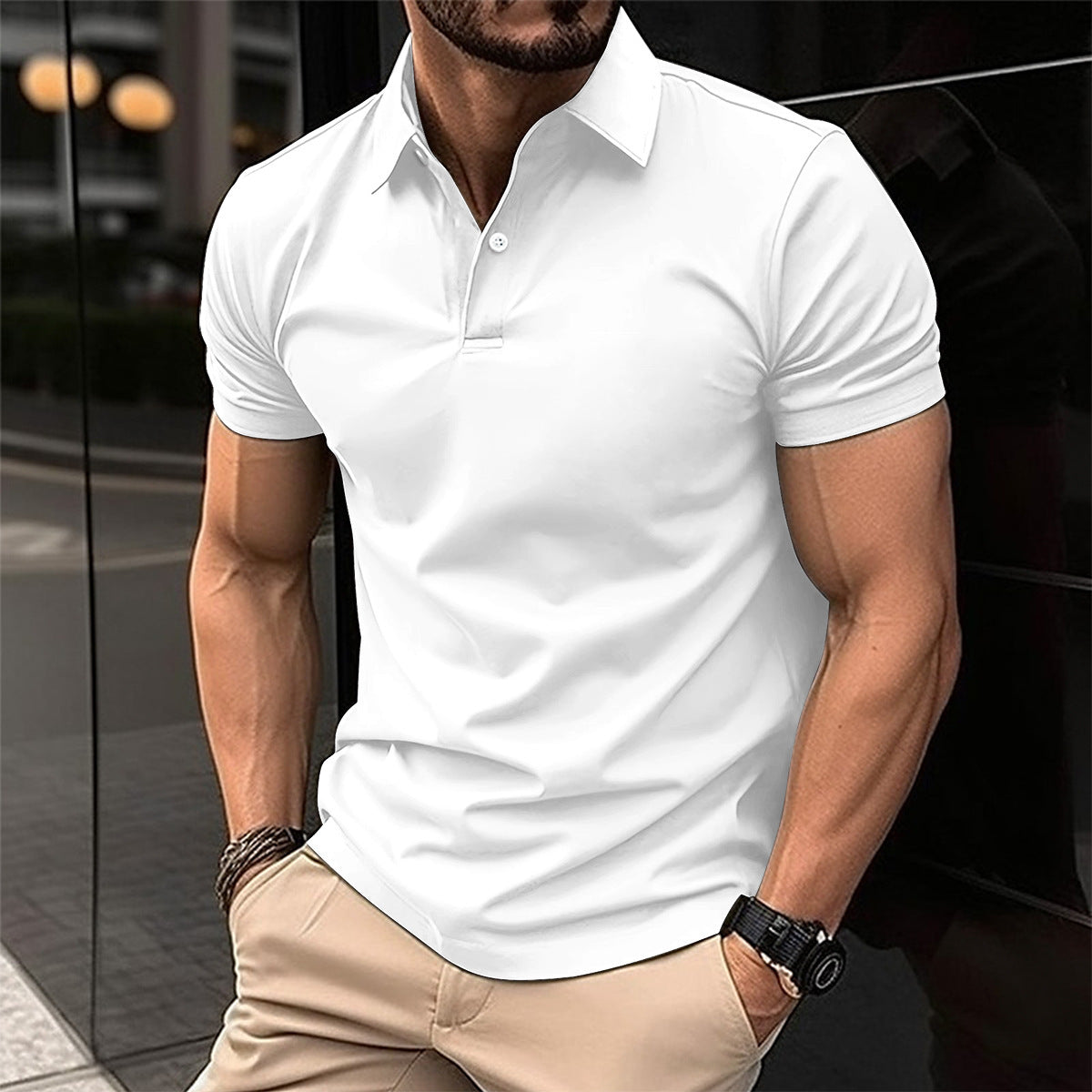 Camisa polo de manga curta de verão masculina cor sólida botão lapela botão top