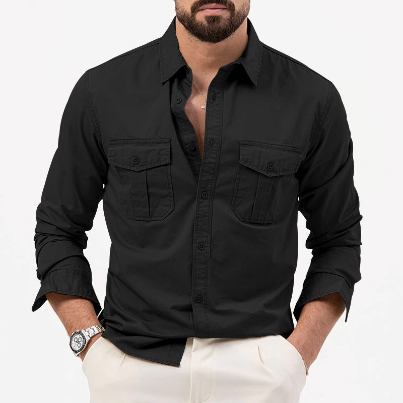 Camisa masculina multibolso cor sólida casual manga comprida top