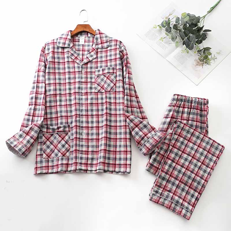 Conjunto de pijama de manga comprida e xadrez escovado
